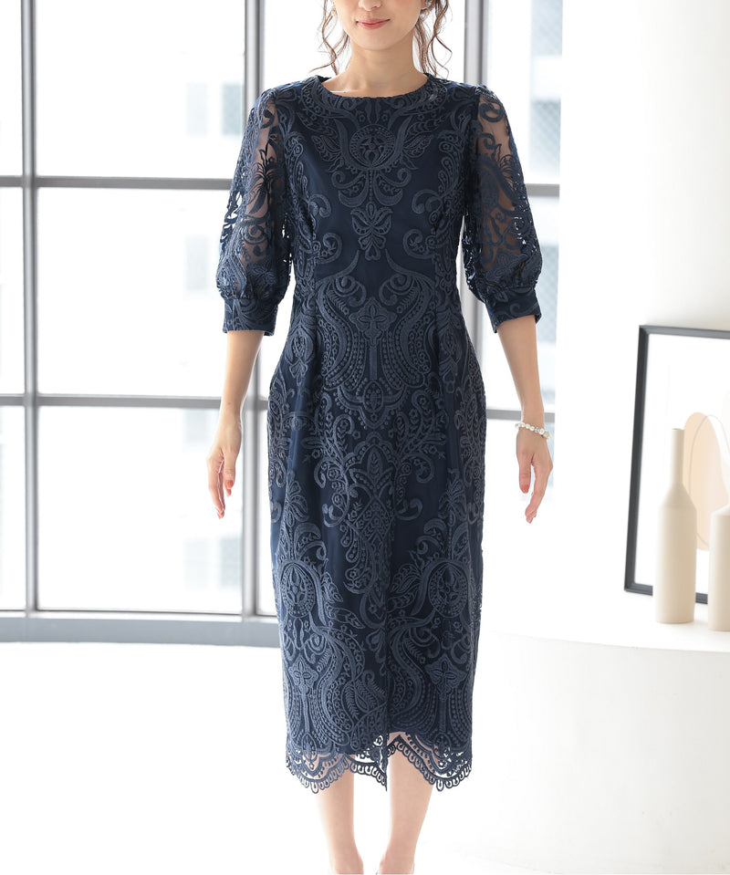 ランタンスリーブ刺繍レース  バックリボン 結婚式 パーティー タイトドレス (S,M,L,XL)50123
