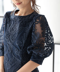 ランタンスリーブ刺繍レース  バックリボン 結婚式 パーティー タイトドレス (S,M,L,XL)50123