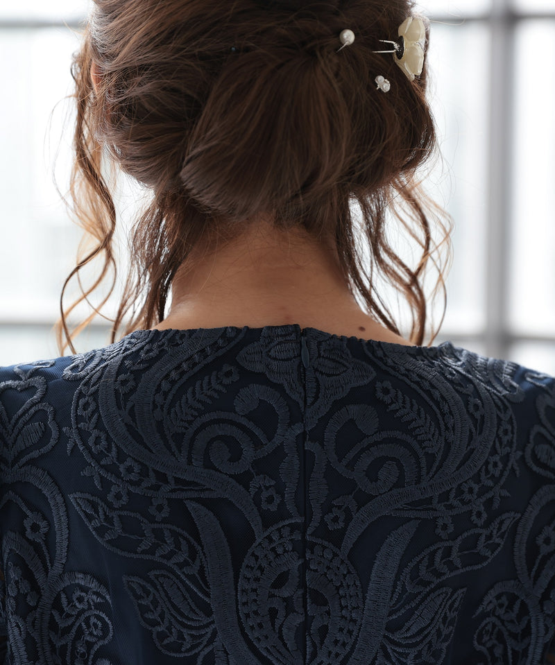 ランタンスリーブ刺繍レース  バックリボン 結婚式 パーティー タイトドレス (S,M,L,XL)50123