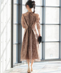 バックシャン リボン チュール刺繍レース 結婚式 パーティードレス(S,M,L,XL)50135