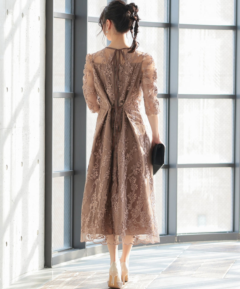 バックシャン リボン チュール刺繍レース 結婚式 パーティードレス(S,M,L,XL)50135