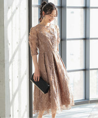 バックシャン リボン チュール刺繍レース 結婚式 パーティードレス(S,M,L,XL)50135