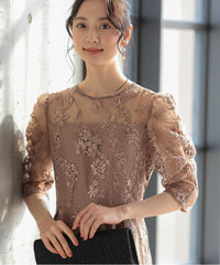バックシャン リボン チュール刺繍レース 結婚式 パーティードレス(S,M,L,XL)50135