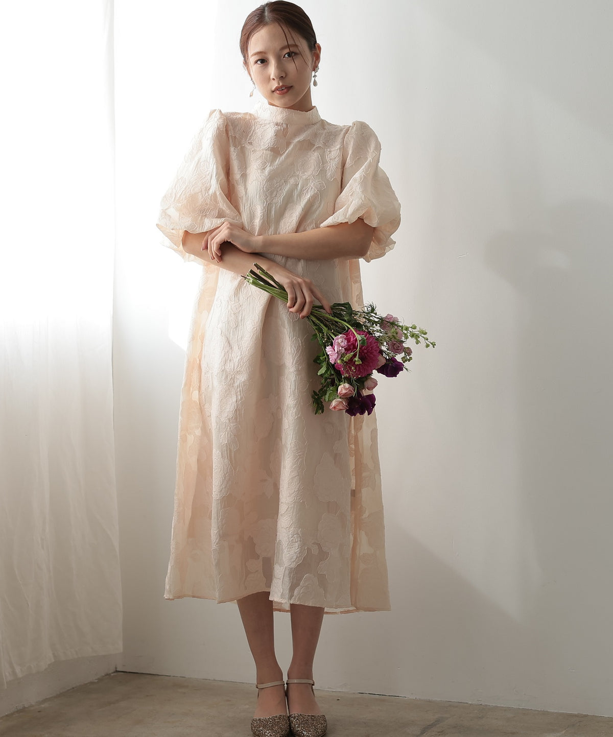 ランタンスリーブ 結婚式パーティードレス(S,M)50239