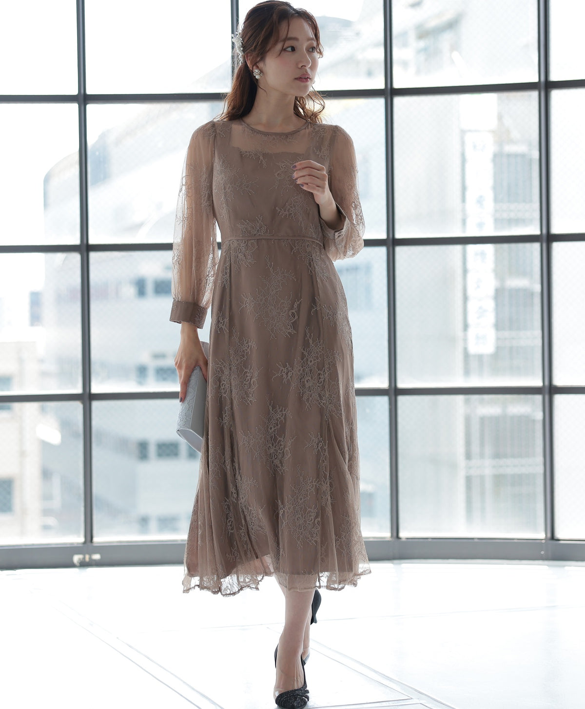 シアーレース バックシャン リボン 結婚式 パーティー ドレス50154