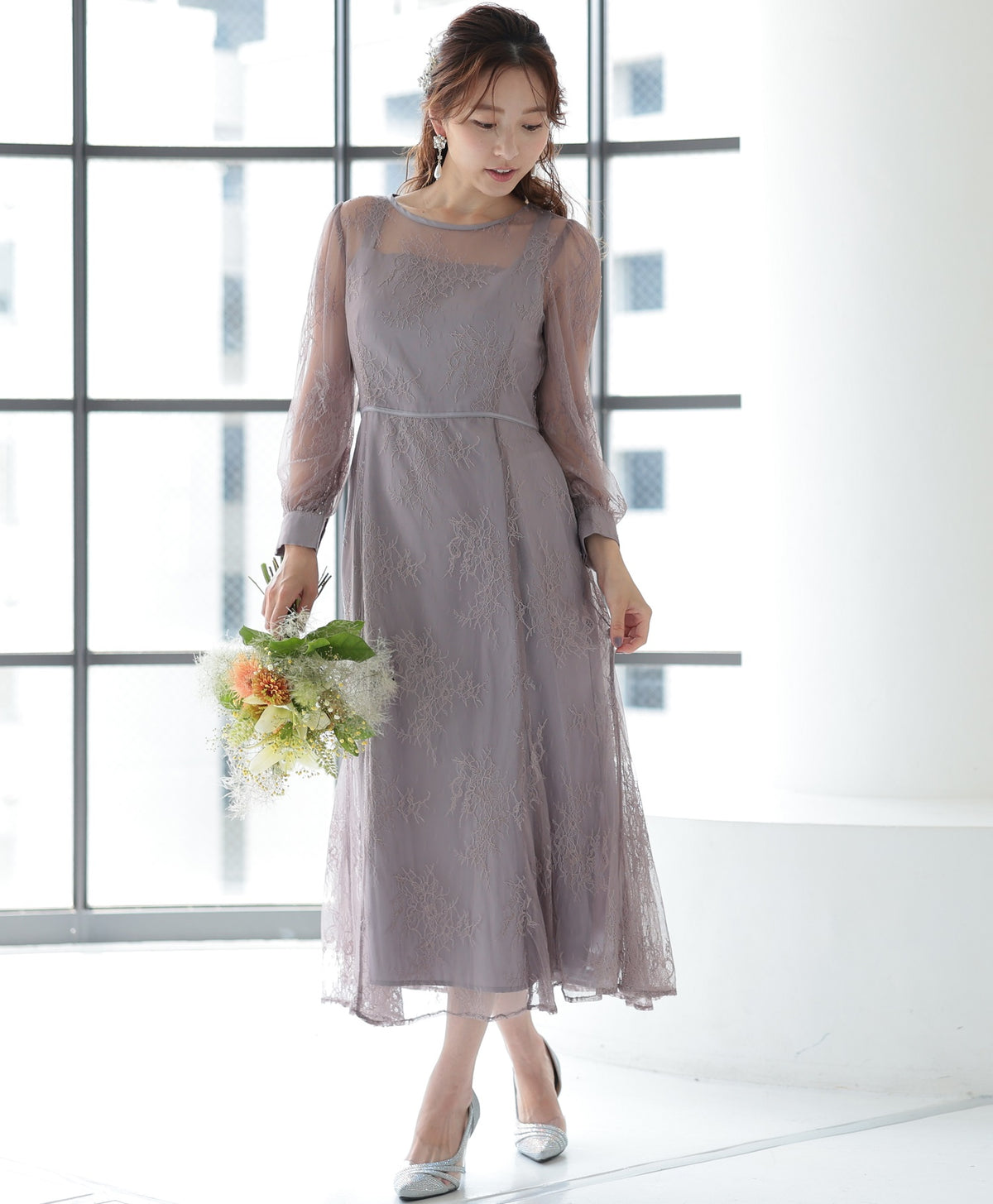 シアーレース バックシャン リボン 結婚式 パーティー ドレス50154