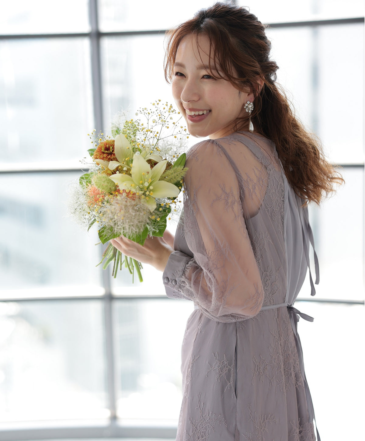シアーレース バックシャン リボン 結婚式 パーティー ドレス50154