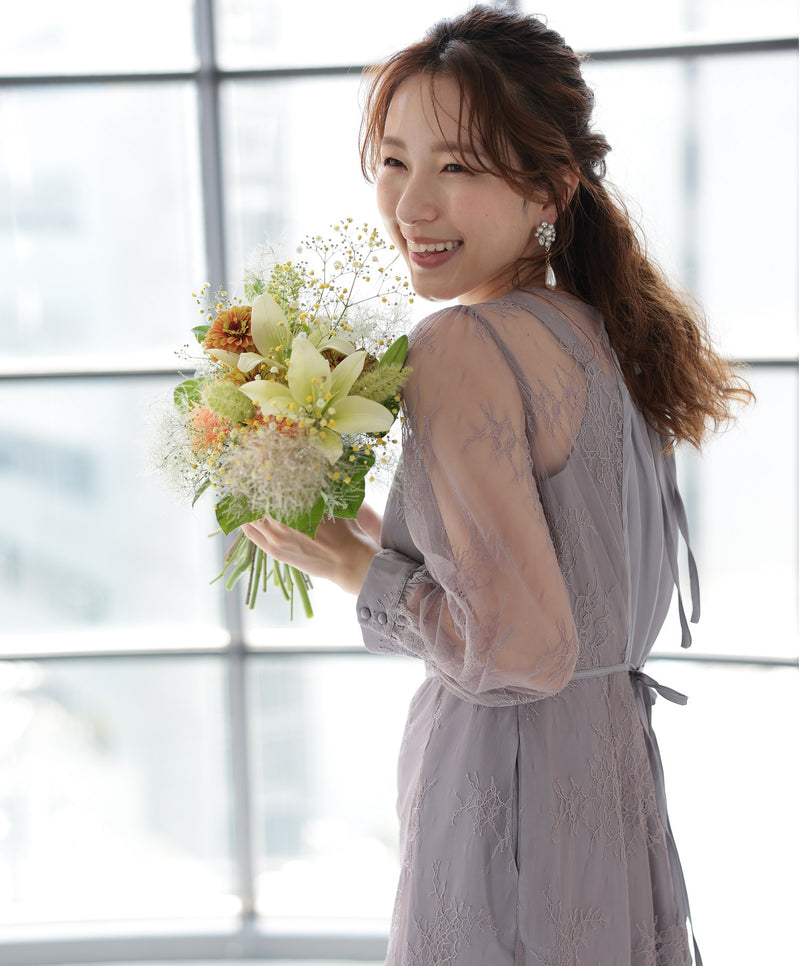シアーレース バックシャン リボン 結婚式 パーティー ドレス50154