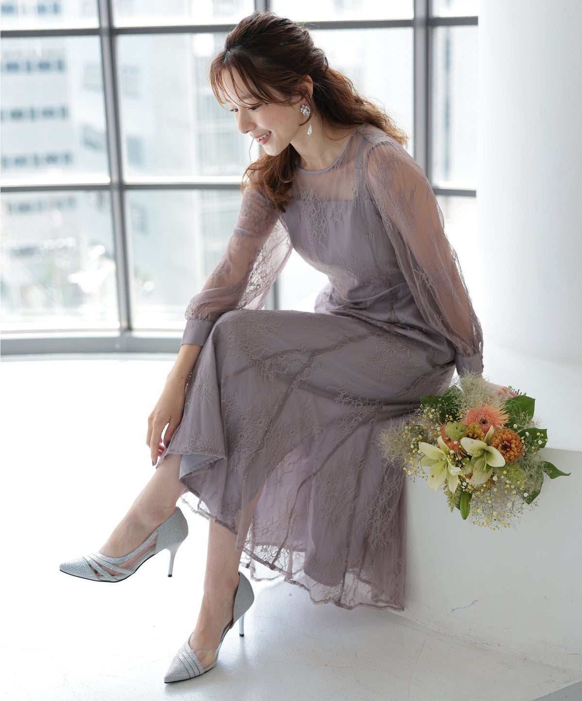シアーレース バックシャン リボン 結婚式 パーティー ドレス50154