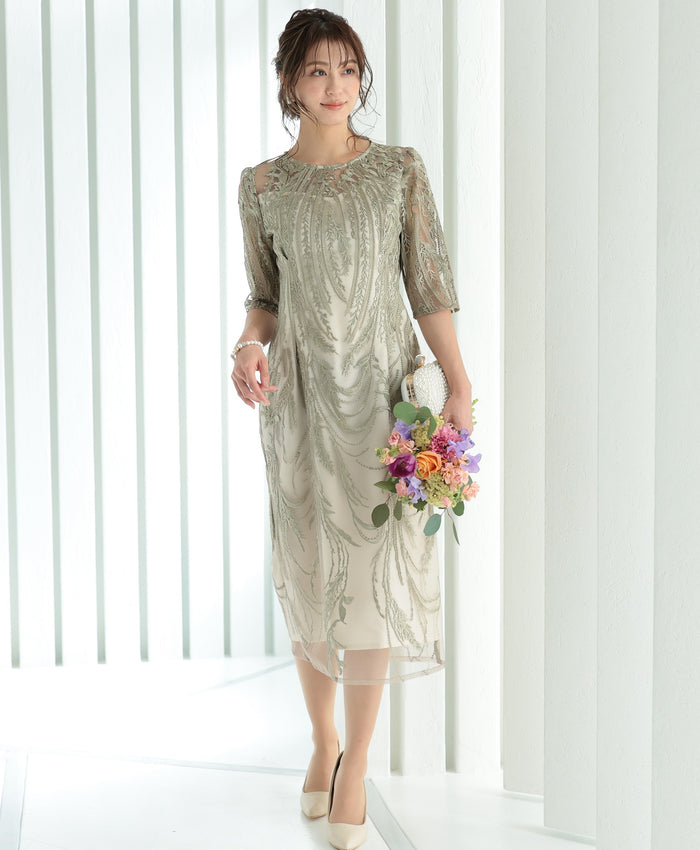 シアー ボタニカル レース バックシャン リボン 結婚式 パーティー ドレス50132