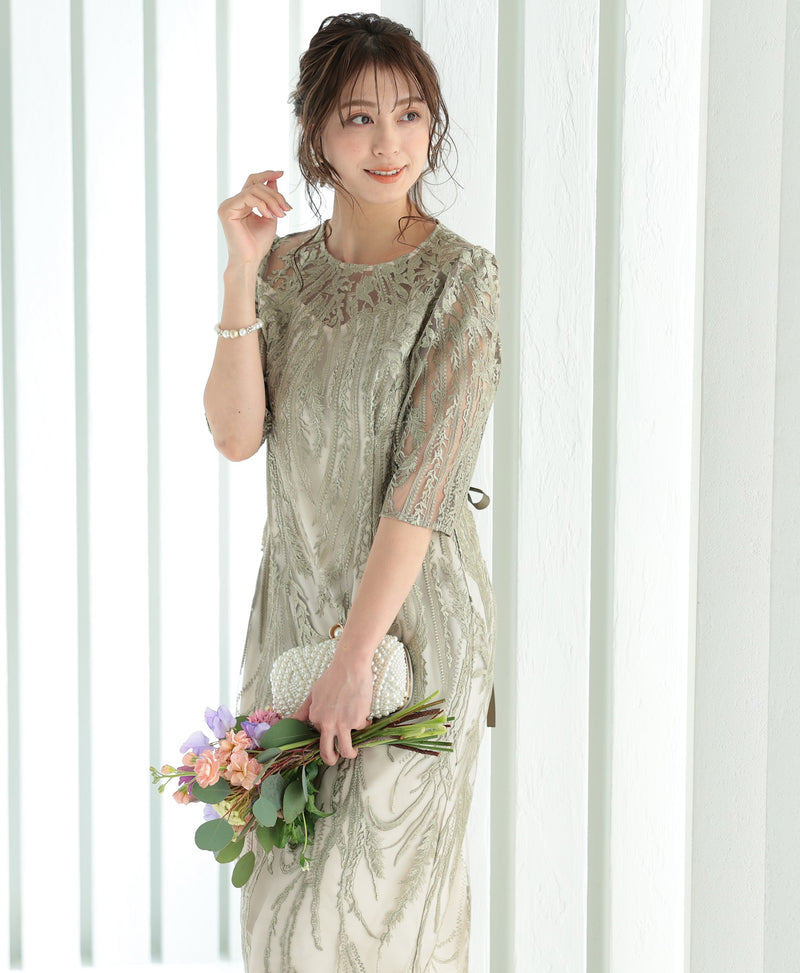 シアー ボタニカル レース バックシャン リボン 結婚式 パーティー ドレス50132