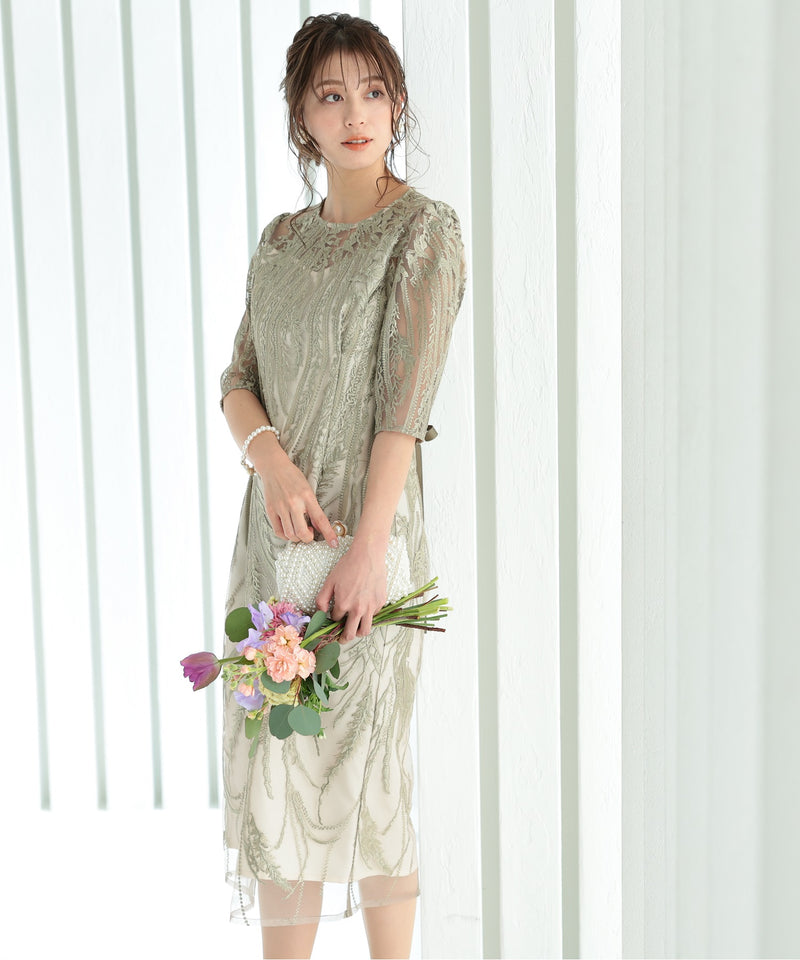 シアー ボタニカル レース バックシャン リボン 結婚式 パーティー ドレス50132