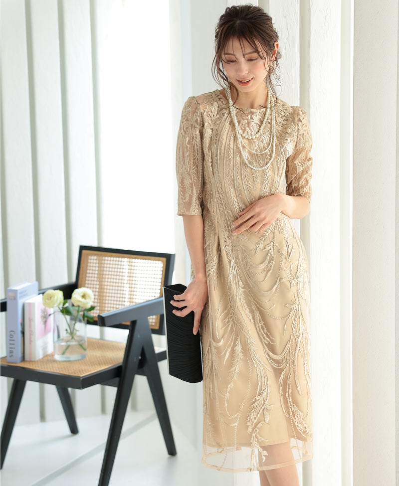 シアー ボタニカル レース バックシャン リボン 結婚式 パーティー ドレス50132