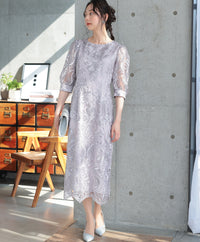 ランタンスリーブ刺繍レース  バックリボン 結婚式 パーティー タイトドレス (S,M,L,XL)50123