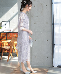 ランタンスリーブ刺繍レース  バックリボン 結婚式 パーティー タイトドレス (S,M,L,XL)50123