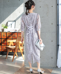 ランタンスリーブ刺繍レース  バックリボン 結婚式 パーティー タイトドレス (S,M,L,XL)50123
