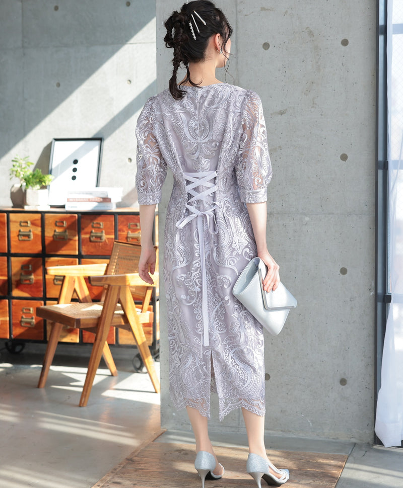 ランタンスリーブ刺繍レース  バックリボン 結婚式 パーティー タイトドレス (S,M,L,XL)50123