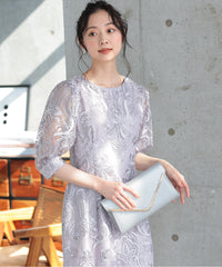 ランタンスリーブ刺繍レース  バックリボン 結婚式 パーティー タイトドレス (S,M,L,XL)50123