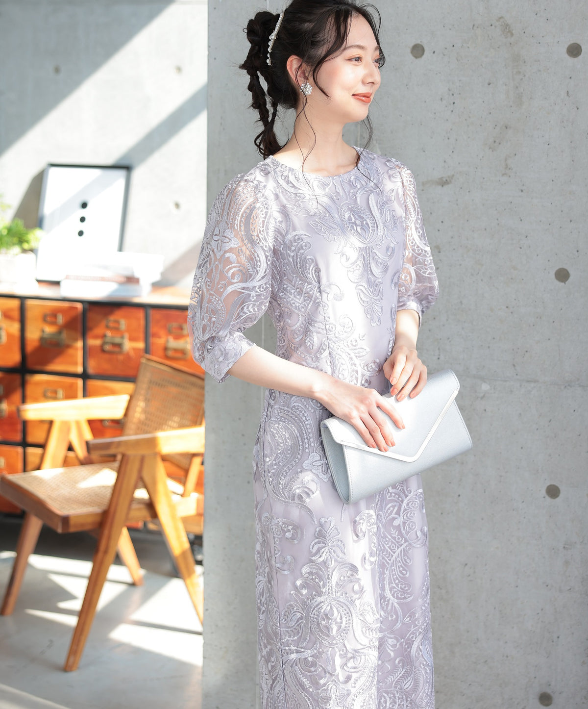ランタンスリーブ刺繍レース  バックリボン 結婚式 パーティー タイトドレス (S,M,L,XL)50123