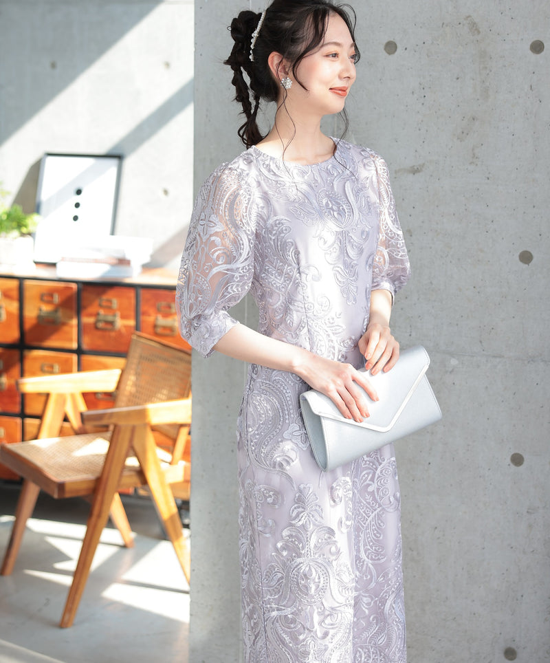 ランタンスリーブ刺繍レース  バックリボン 結婚式 パーティー タイトドレス (S,M,L,XL)50123