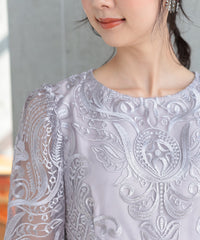ランタンスリーブ刺繍レース  バックリボン 結婚式 パーティー タイトドレス (S,M,L,XL)50123