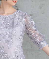 ランタンスリーブ刺繍レース  バックリボン 結婚式 パーティー タイトドレス (S,M,L,XL)50123