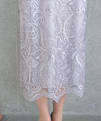 ランタンスリーブ刺繍レース  バックリボン 結婚式 パーティー タイトドレス (S,M,L,XL)50123
