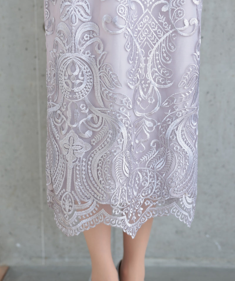 ランタンスリーブ刺繍レース  バックリボン 結婚式 パーティー タイトドレス (S,M,L,XL)50123