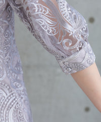 ランタンスリーブ刺繍レース  バックリボン 結婚式 パーティー タイトドレス (S,M,L,XL)50123