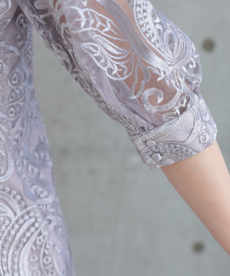 ランタンスリーブ刺繍レース  バックリボン 結婚式 パーティー タイトドレス (S,M,L,XL)50123