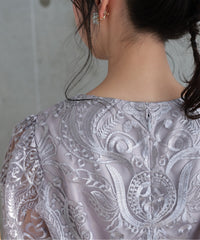 ランタンスリーブ刺繍レース  バックリボン 結婚式 パーティー タイトドレス (S,M,L,XL)50123