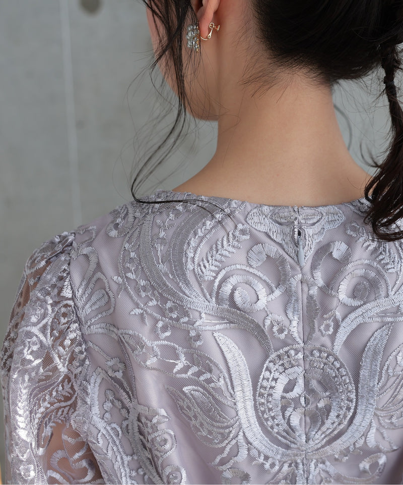 ランタンスリーブ刺繍レース  バックリボン 結婚式 パーティー タイトドレス (S,M,L,XL)50123