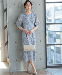 ランタンスリーブ刺繍レース  バックリボン 結婚式 パーティー タイトドレス (S,M,L,XL)50123