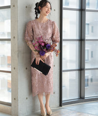 ランタンスリーブ刺繍レース  バックリボン 結婚式 パーティー タイトドレス (S,M,L,XL)50123