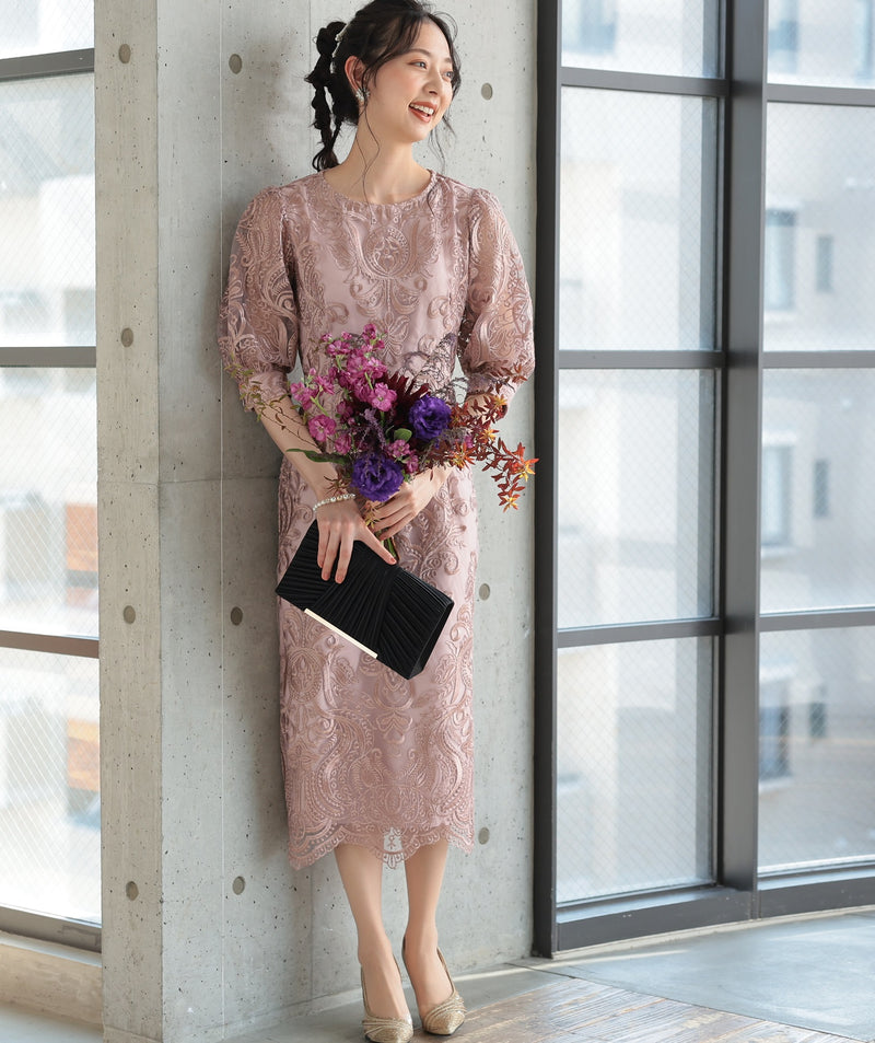 ランタンスリーブ刺繍レース  バックリボン 結婚式 パーティー タイトドレス (S,M,L,XL)50123