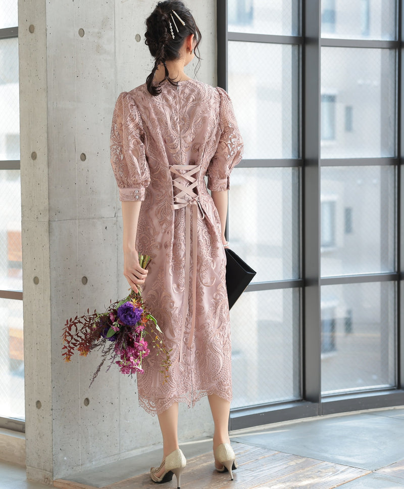 ランタンスリーブ刺繍レース  バックリボン 結婚式 パーティー タイトドレス (S,M,L,XL)50123