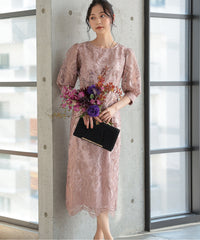 ランタンスリーブ刺繍レース  バックリボン 結婚式 パーティー タイトドレス (S,M,L,XL)50123