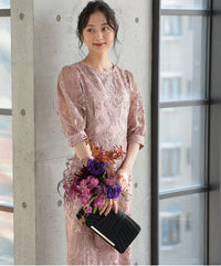 ランタンスリーブ刺繍レース  バックリボン 結婚式 パーティー タイトドレス (S,M,L,XL)50123