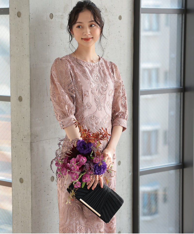 ランタンスリーブ刺繍レース  バックリボン 結婚式 パーティー タイトドレス (S,M,L,XL)50123