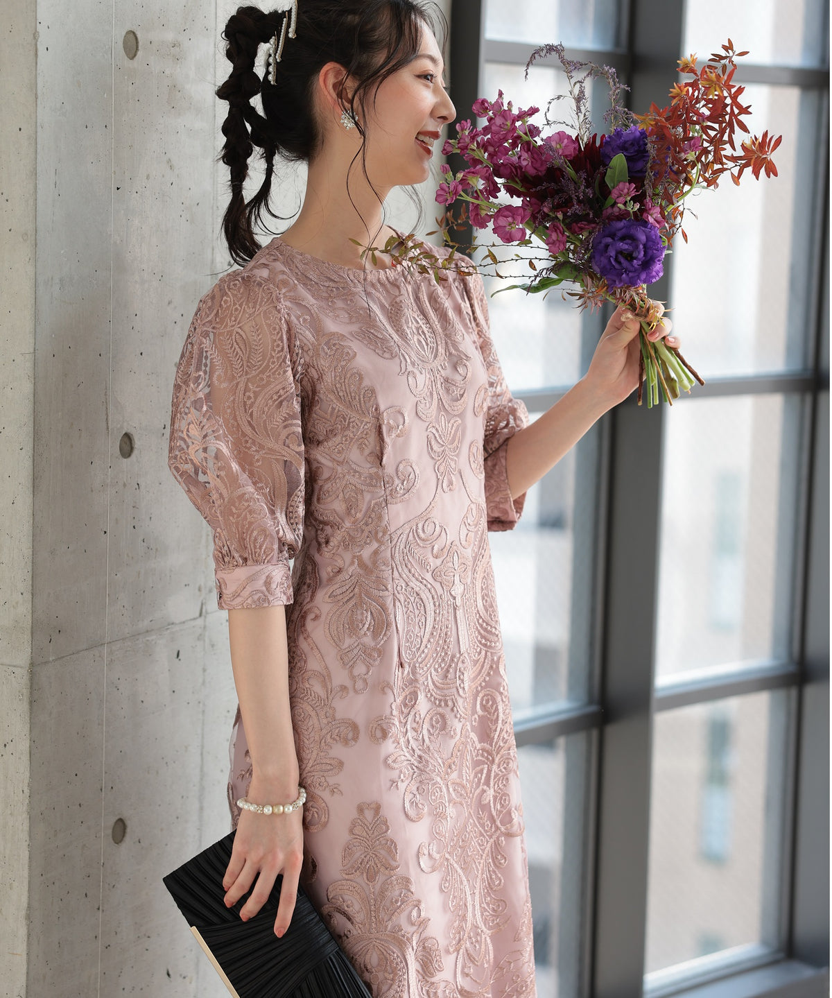 ランタンスリーブ刺繍レース  バックリボン 結婚式 パーティー タイトドレス (S,M,L,XL)50123