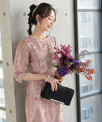ランタンスリーブ刺繍レース  バックリボン 結婚式 パーティー タイトドレス (S,M,L,XL)50123