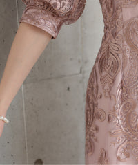 ランタンスリーブ刺繍レース  バックリボン 結婚式 パーティー タイトドレス (S,M,L,XL)50123