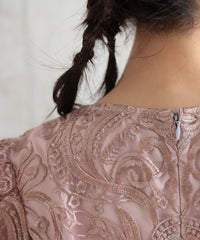 ランタンスリーブ刺繍レース  バックリボン 結婚式 パーティー タイトドレス (S,M,L,XL)50123
