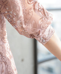 ランタンスリーブ刺繍レース  バックリボン 結婚式 パーティー タイトドレス (S,M,L,XL)50123