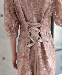 ランタンスリーブ刺繍レース  バックリボン 結婚式 パーティー タイトドレス (S,M,L,XL)50123
