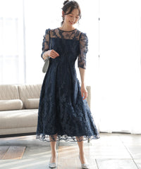 バックシャン リボン チュール刺繍レース 結婚式 パーティードレス(S,M,L,XL)50135
