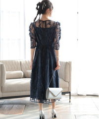 バックシャン リボン チュール刺繍レース 結婚式 パーティードレス(S,M,L,XL)50135