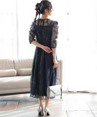 バックシャン リボン チュール刺繍レース 結婚式 パーティードレス(S,M,L,XL)50135