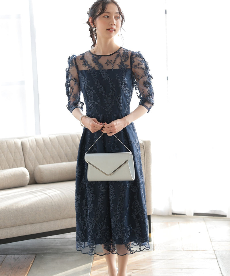 バックシャン リボン チュール刺繍レース 結婚式 パーティードレス(S,M,L,XL)50135