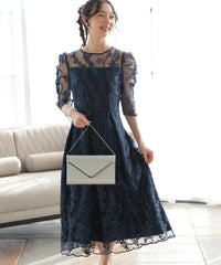 バックシャン リボン チュール刺繍レース 結婚式 パーティードレス(S,M,L,XL)50135